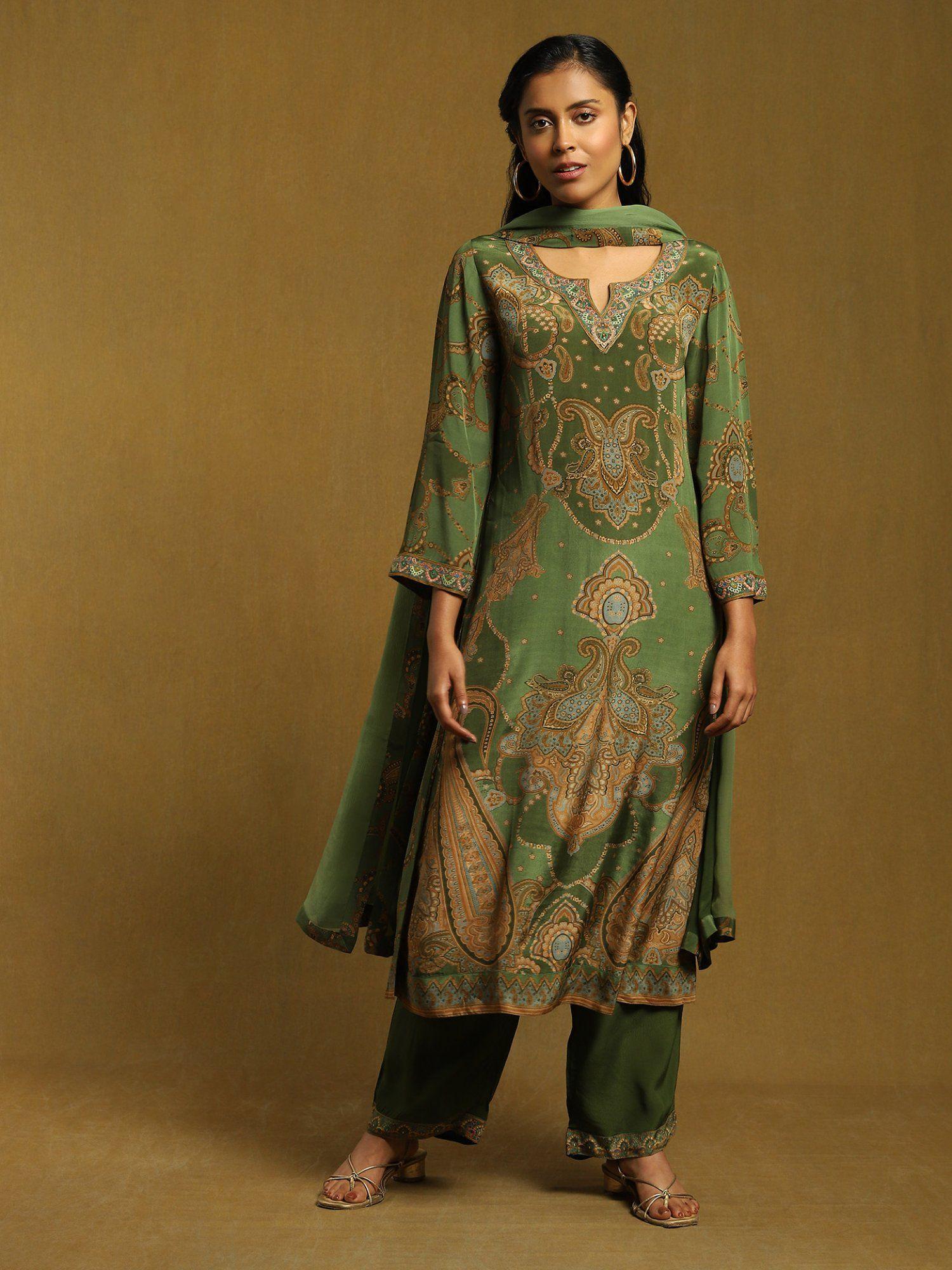 green paisley print kurta with pants and dupatta (set of 3)