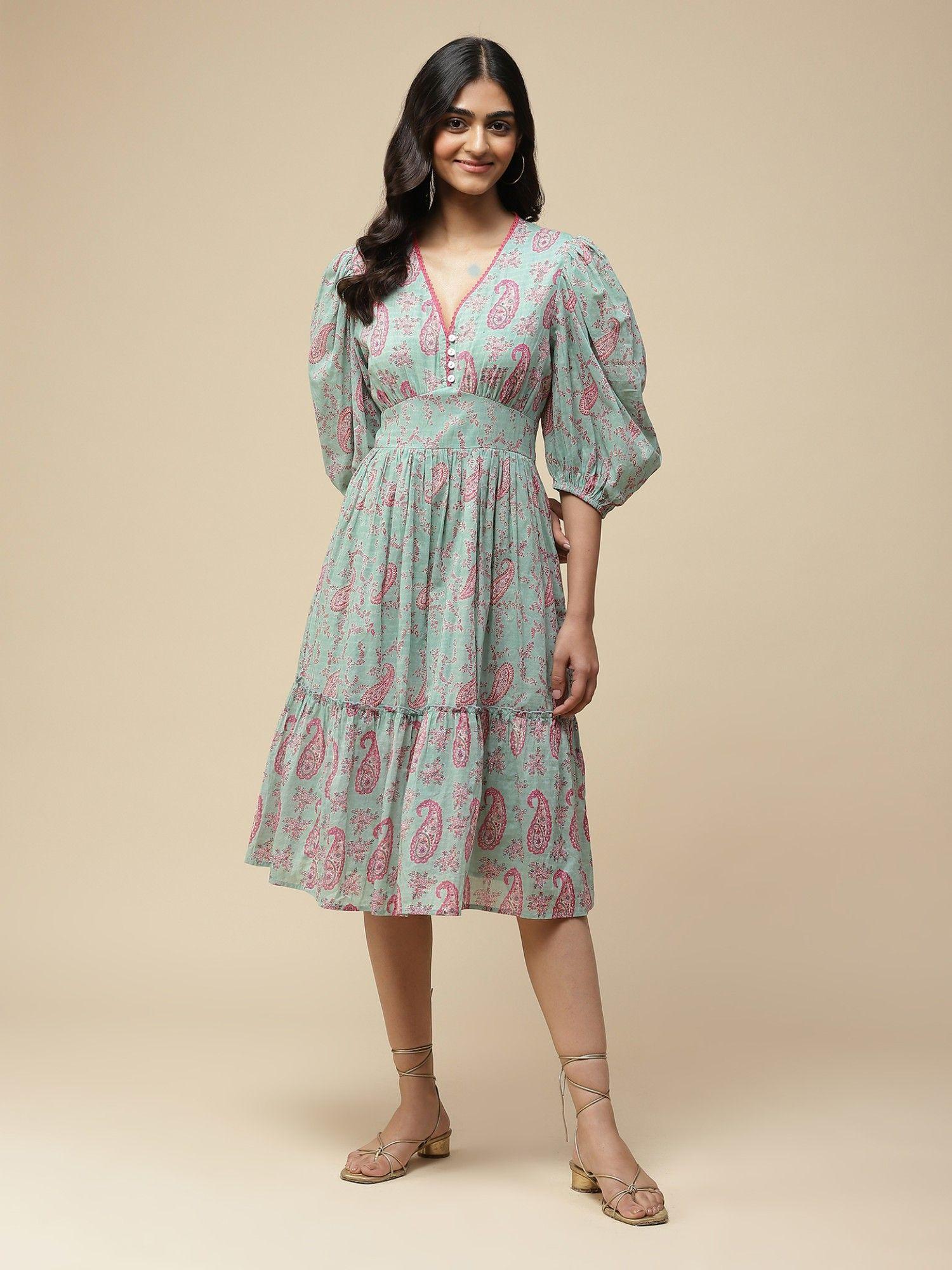 green paisley print midi dress