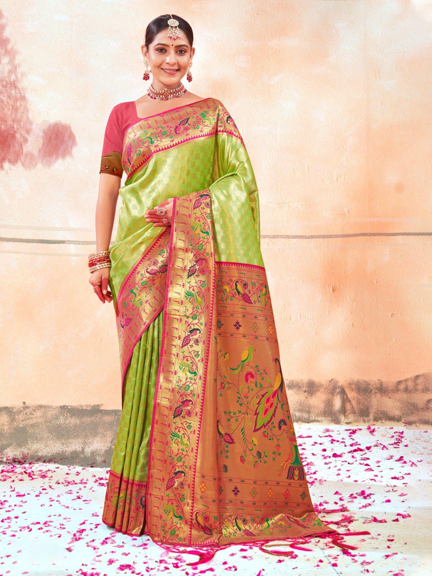 green paithani silk woven work tassels saree with unstitched blouse