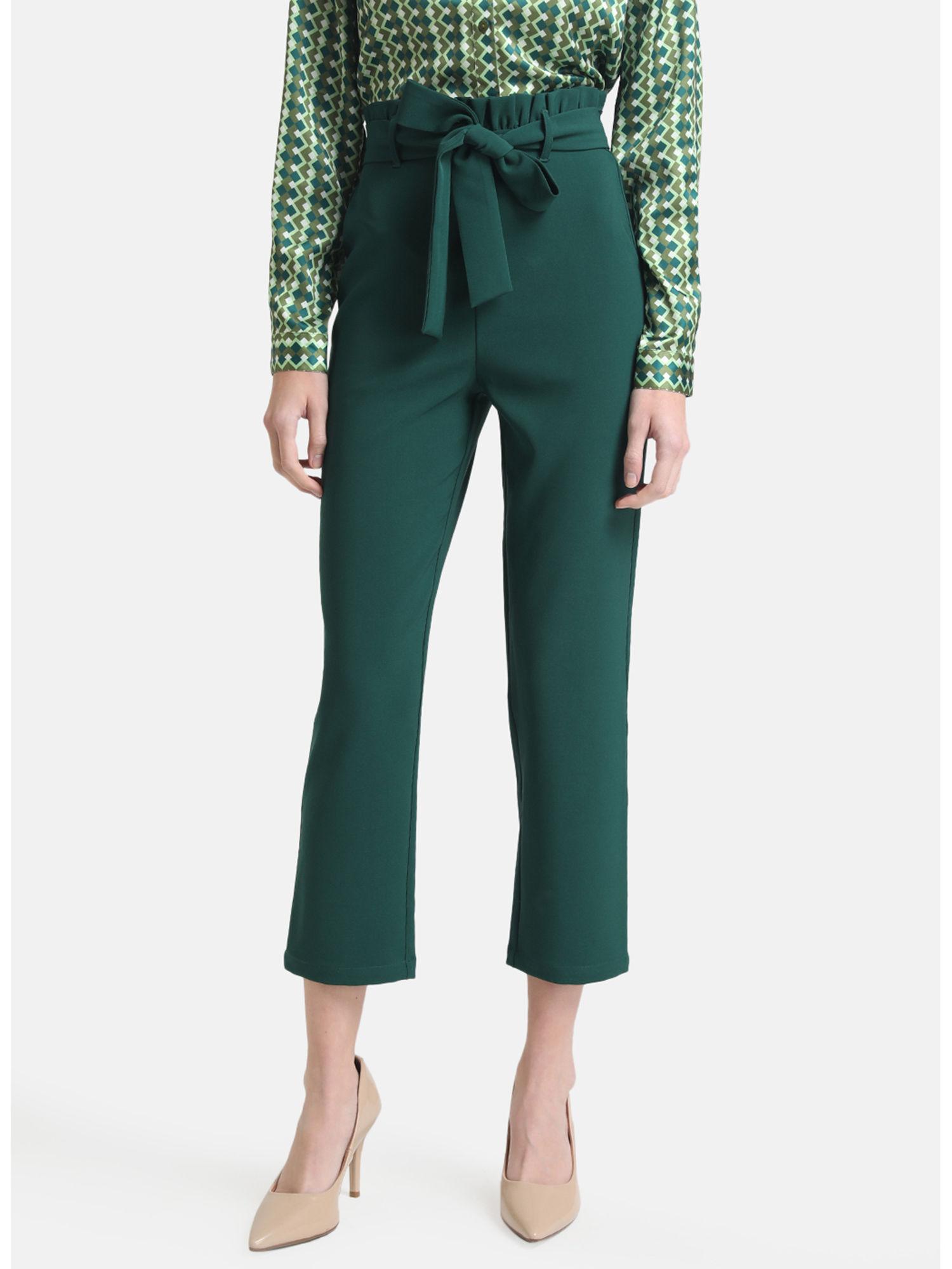 green paperbag belted trousers