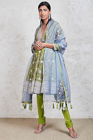 green parsi motifs embroidered anarkali set