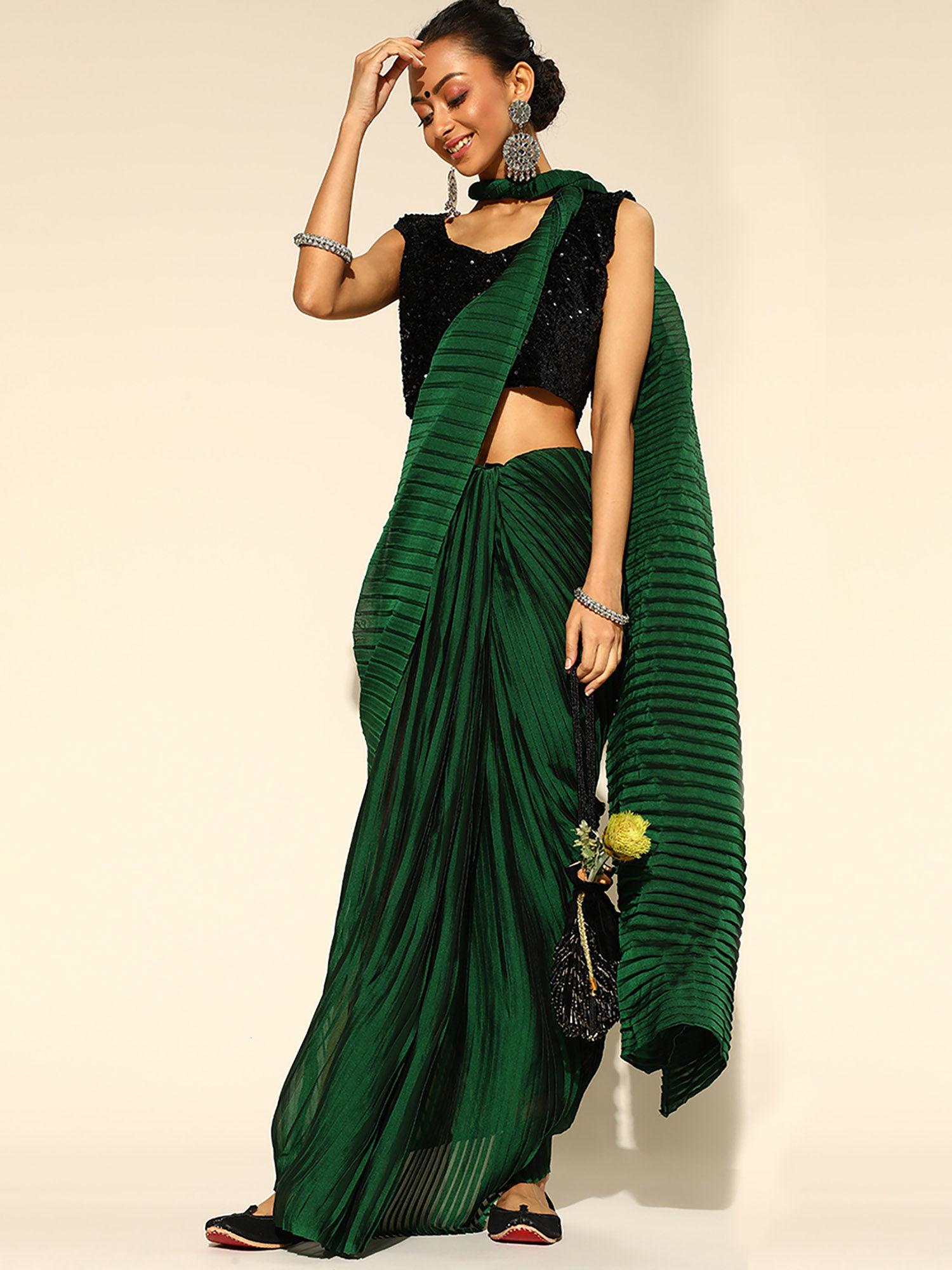 green party wear georgette pleated saree with unstitched blouse