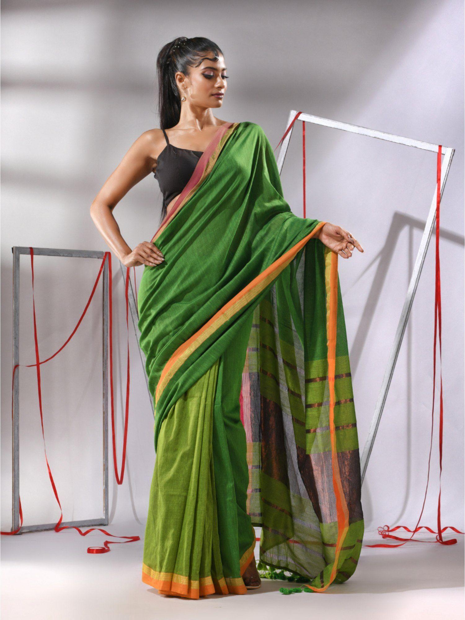 green patli pallu cotton stripes zari borders saree with unstitched blouse