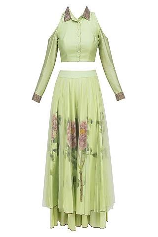 green pearl embroidered crop top with floral handpainted sharara pants