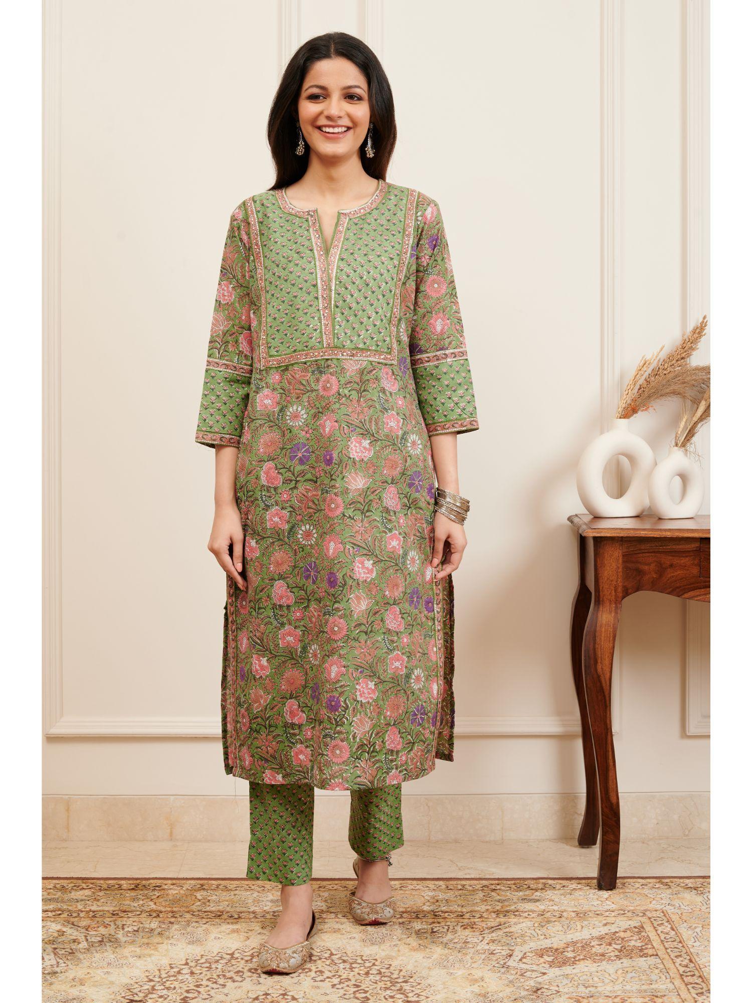 green pink hand block printed straight kurta