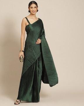 green platted satin silk saree with blouse piece