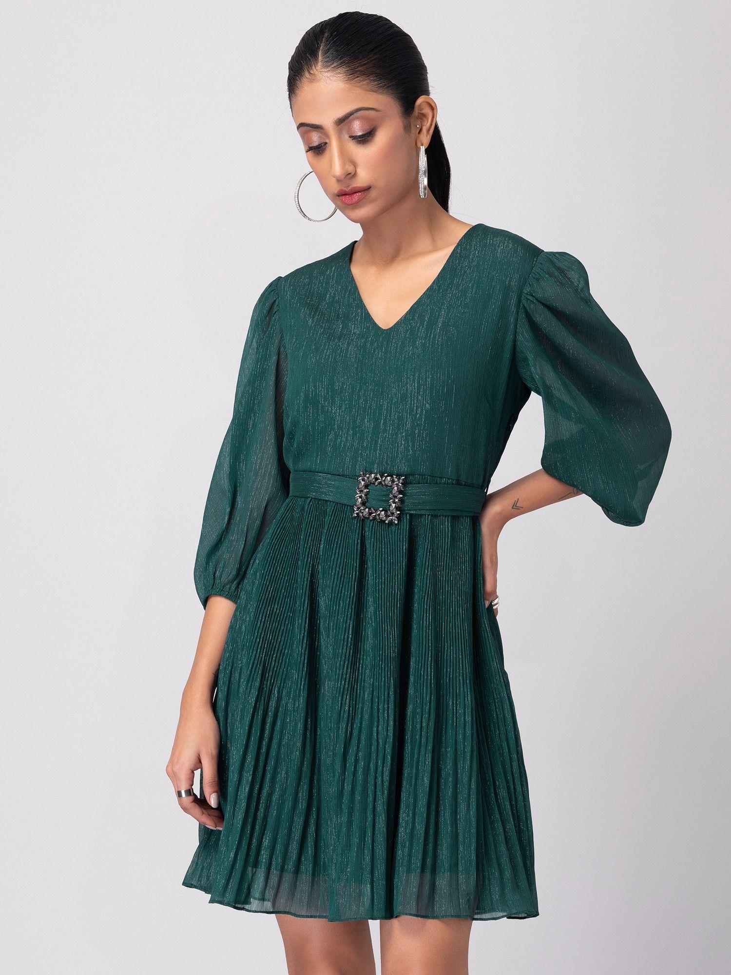 green pleated a line dress with buckle belt (set of 2)