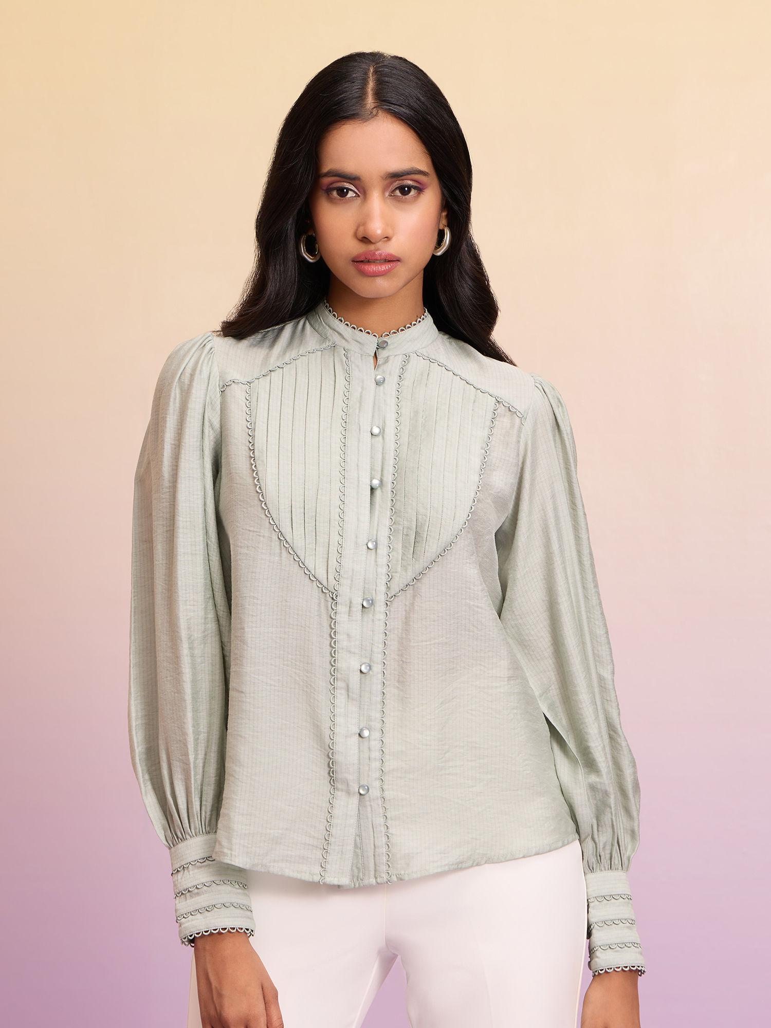 green pleated lace trimmed mandarin collar shirt