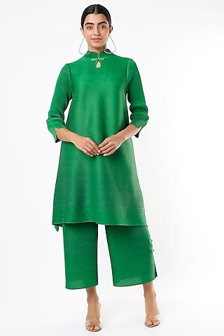 green pleated polyester kurta set