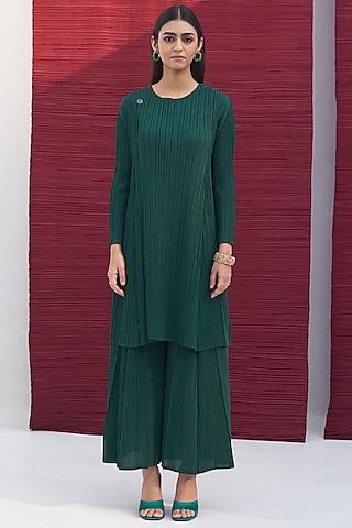 green pleated polyester kurta set