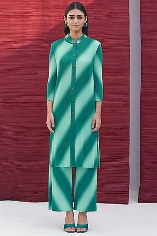 green pleated polyester printed kurta set