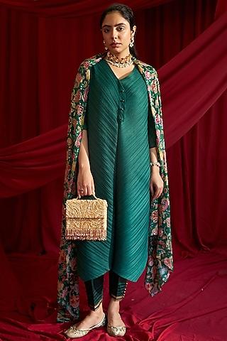 green pleated polyester straight tunic set