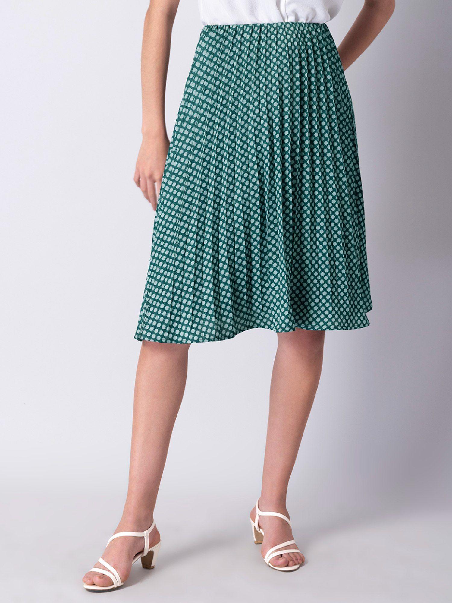 green pleated satin abstract midi skirt