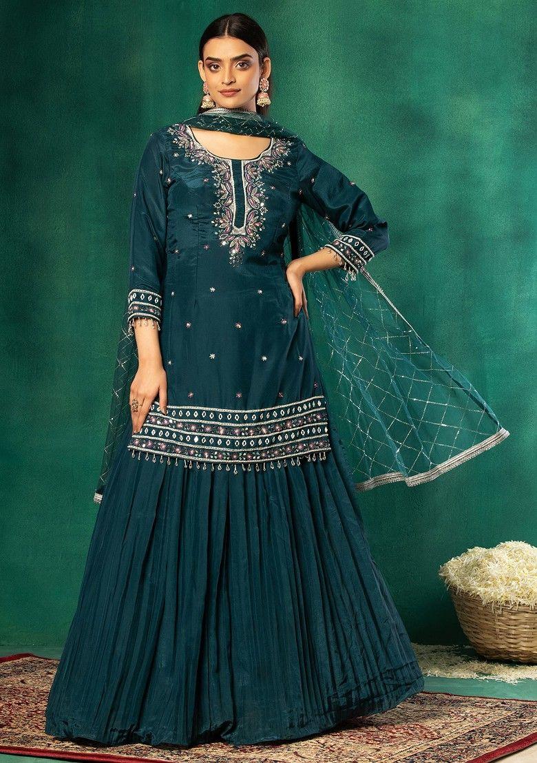 green pleated sharara set with mirror embroidered kurta and dupatta