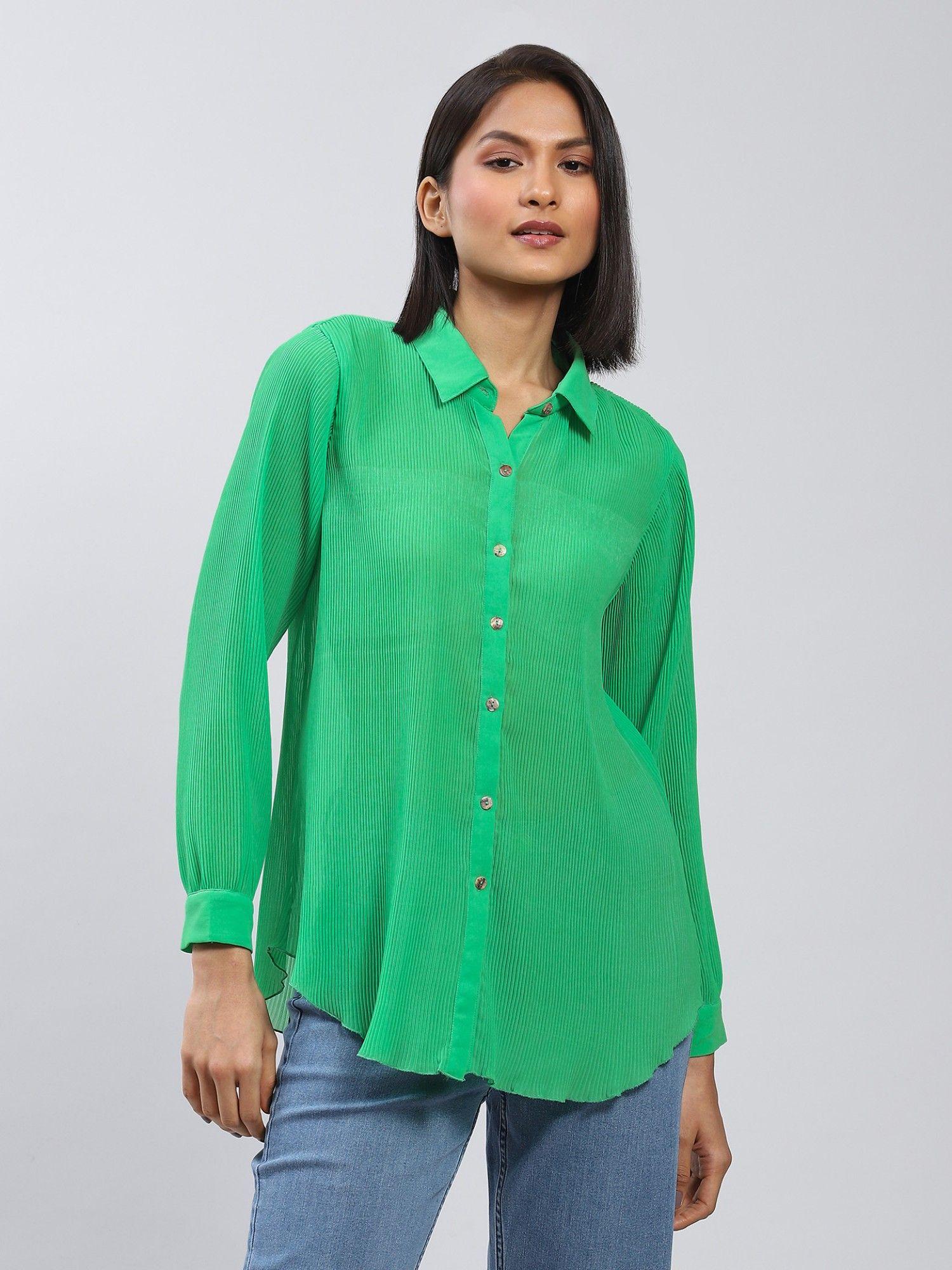 green pleated shirt