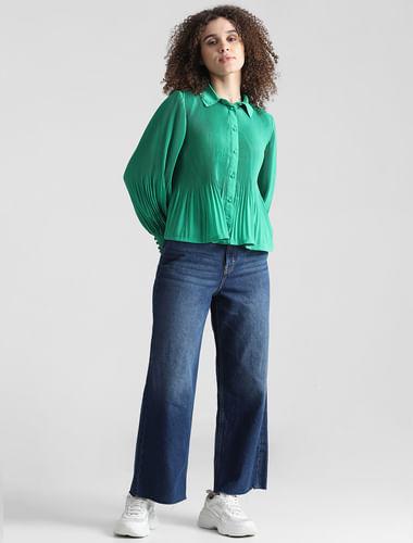 green plissé full sleeves shirt