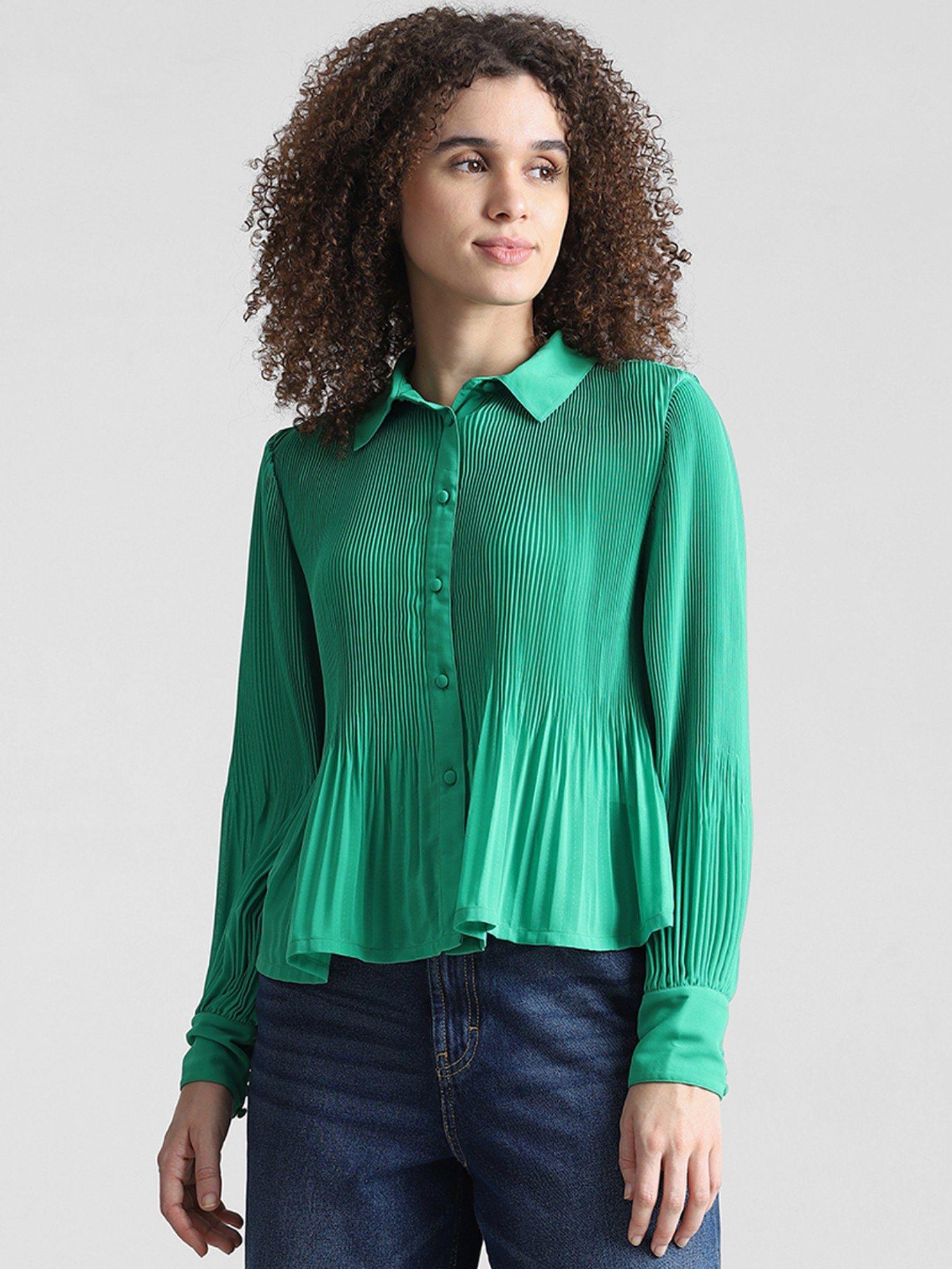 green plisse stripes full sleeves shirt