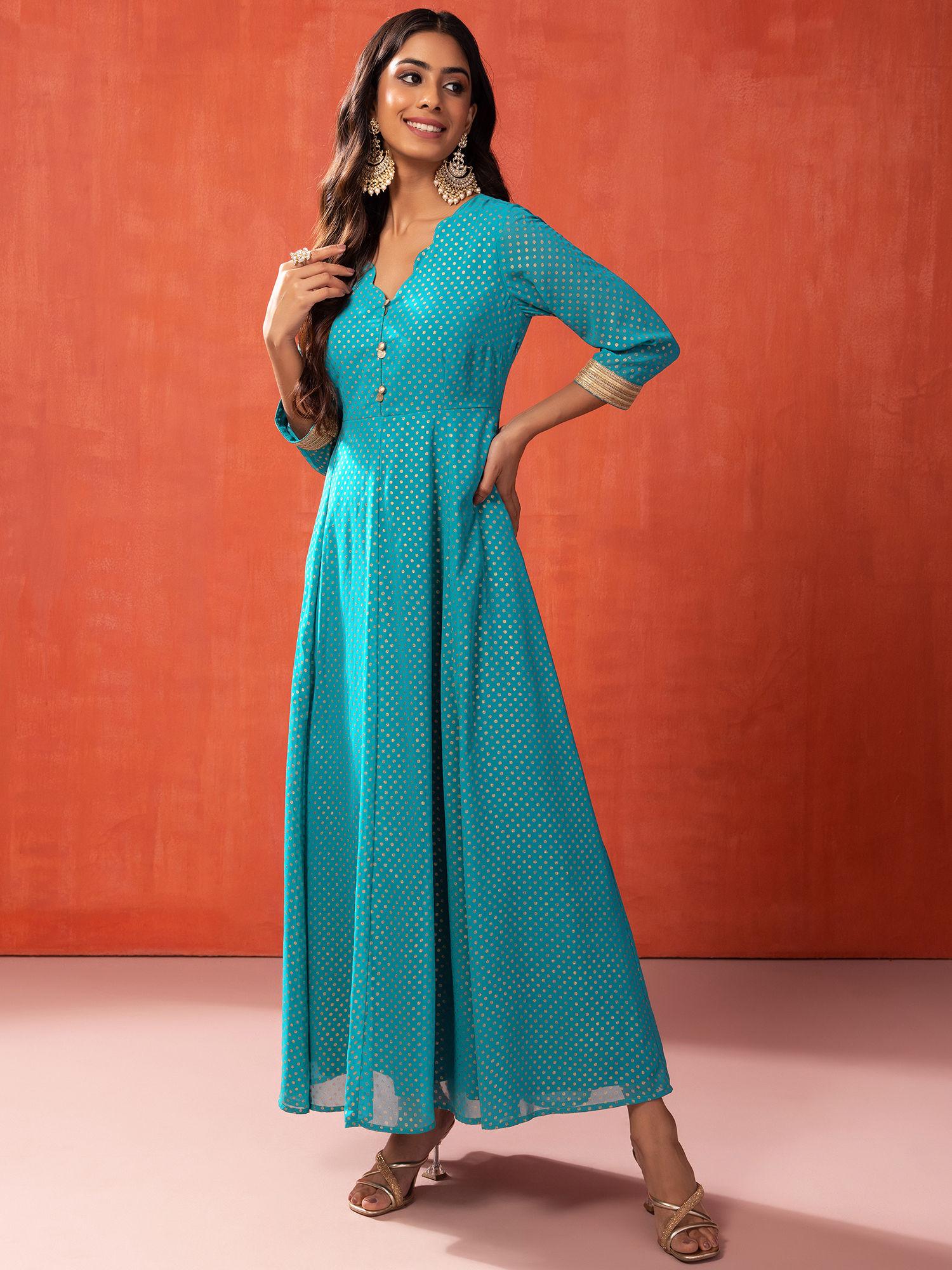 green polka dot foil print anarkali kurta