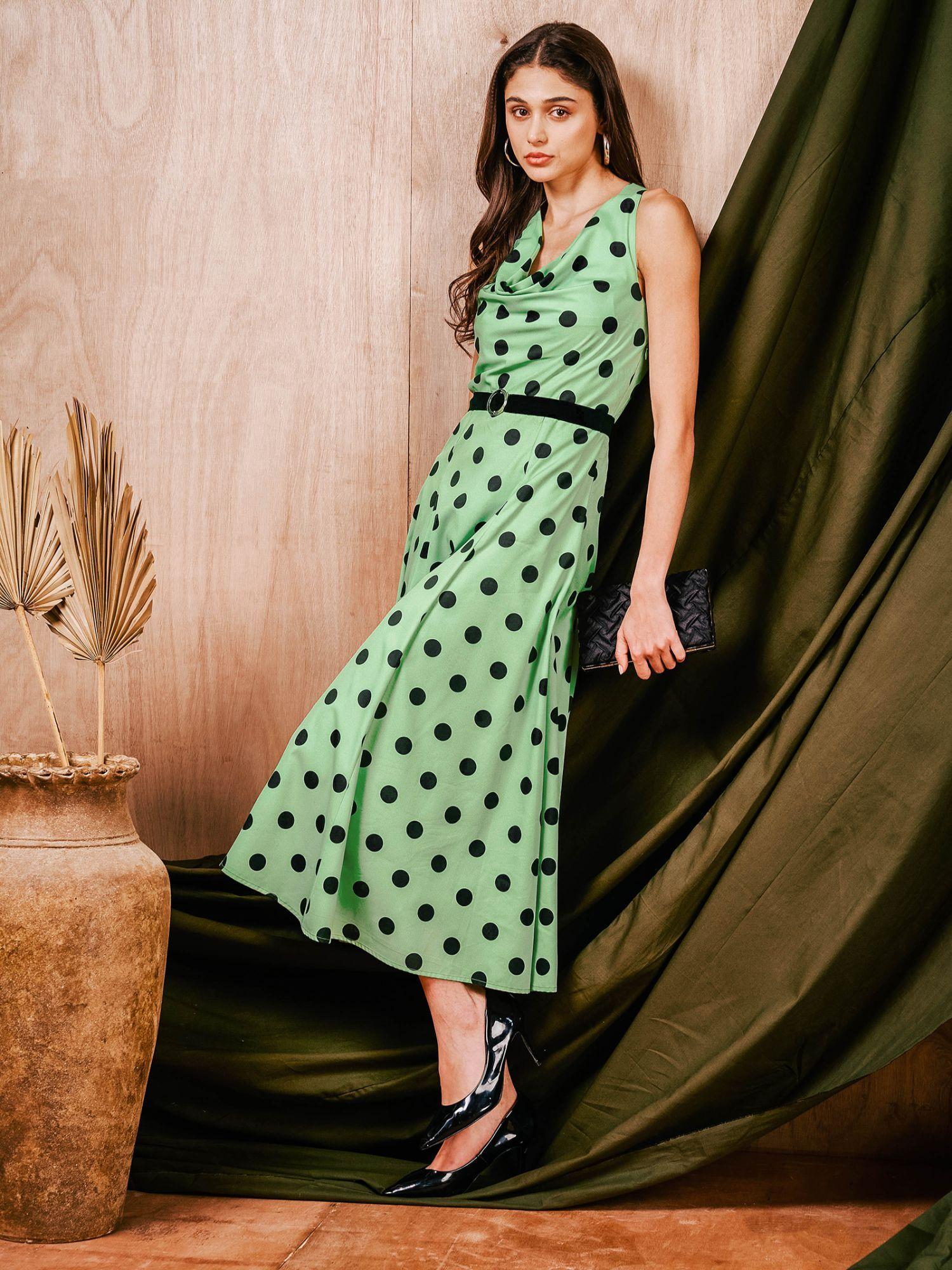 green polka dot printed flared midi dress attach belt