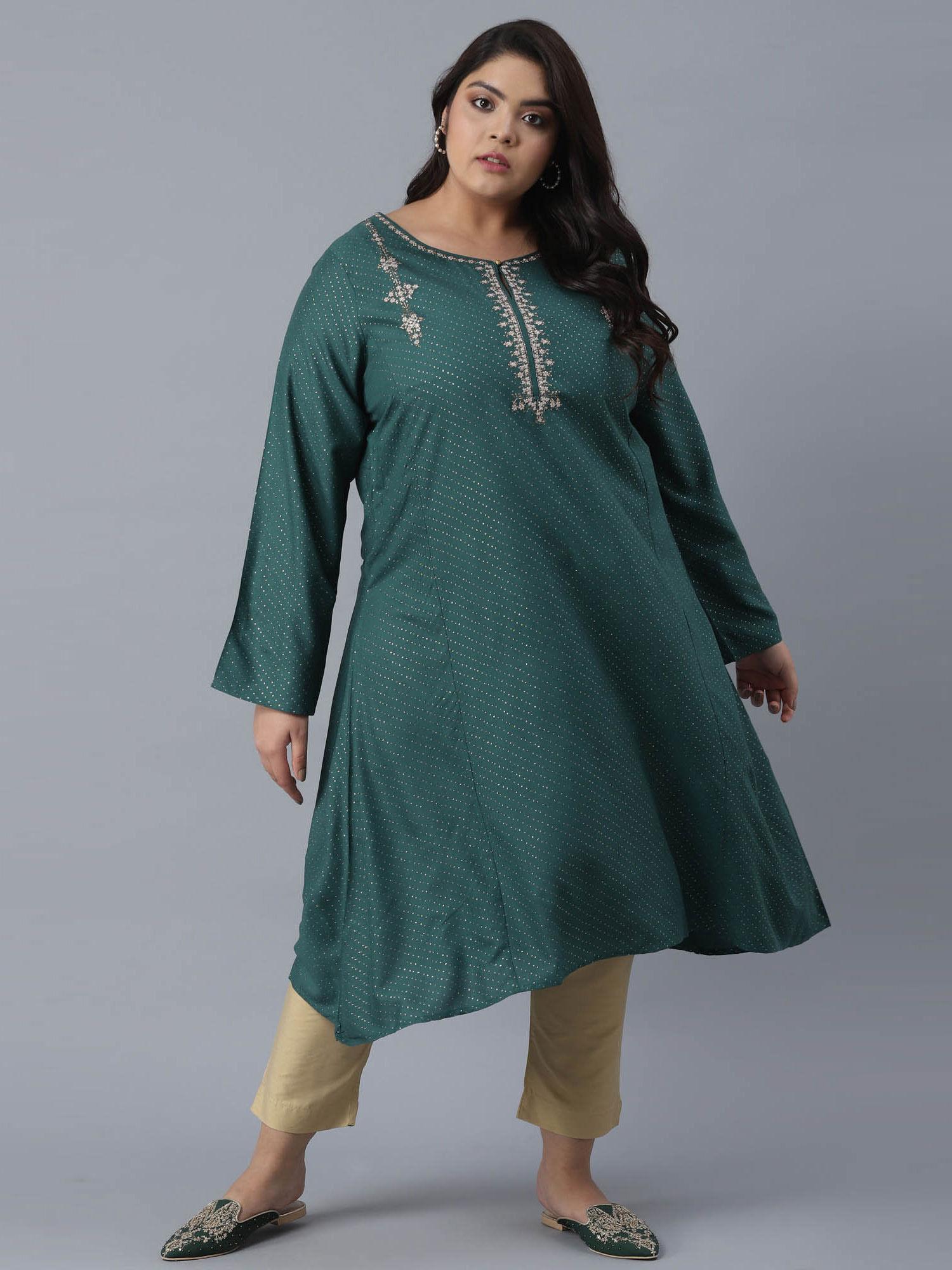 green polka dots printed a-line kurta