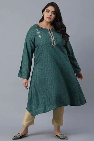 green polka dots printed a-line kurta