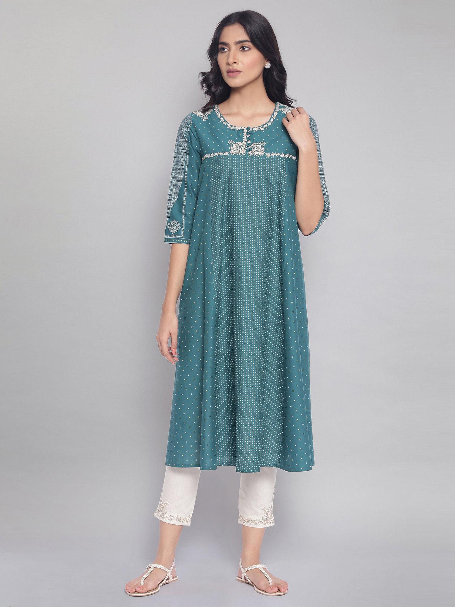 green polka dots printed flared kurta