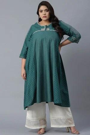 green polka dots printed flared kurta