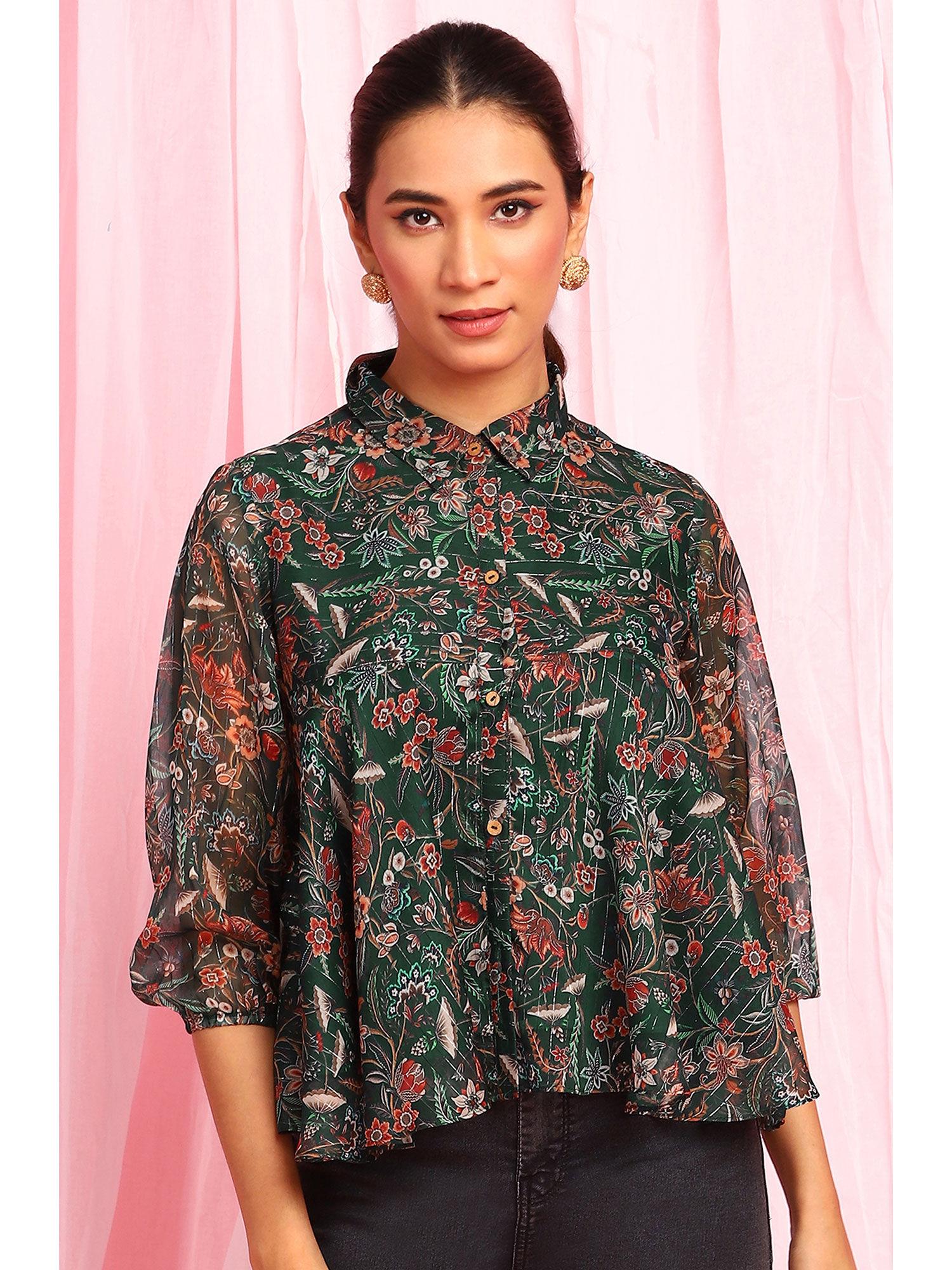 green poly georgette floral print regular top