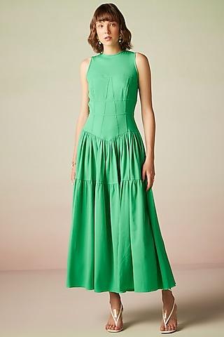 green polyester midi dress