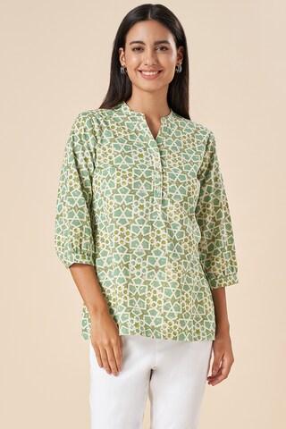 green print casual 3/4th sleeves mandarin women regular fit  tunic