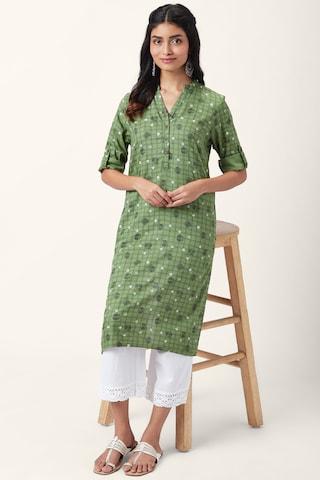 green print casual mandarin 3/4th sleeves calf-length women regular fit kurta