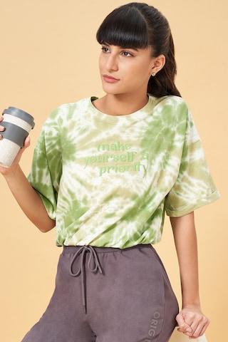 green print cotton round neck women comfort fit tops