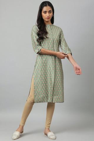 green print ethnic mandarin 3/4th sleeves women straight fit kurta
