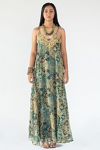green printed & embroidered dress