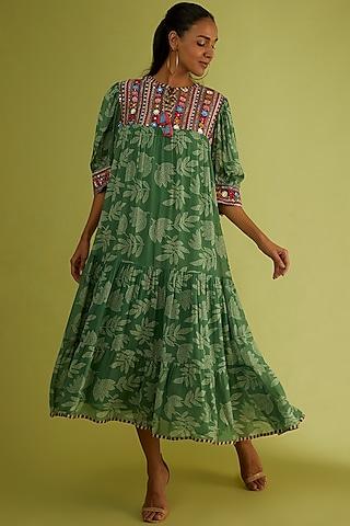 green printed & embroidered dress