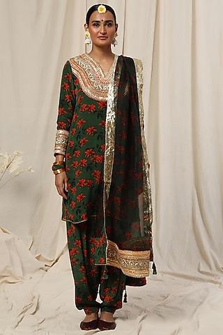 green printed & embroidered kurta set