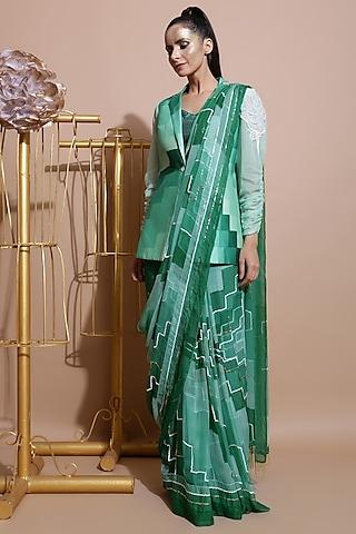 green printed & embroidered saree set with coat