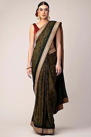 green printed & embroidered saree set