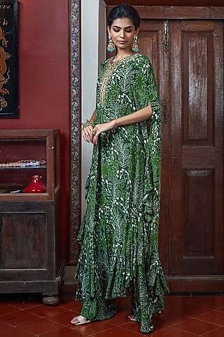 green printed & hand embroidered long cape set