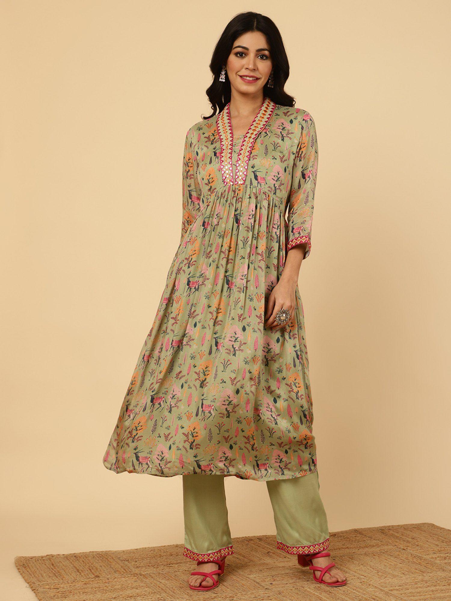 green printed- mirror work festive flared kurta with pant (set of 2)