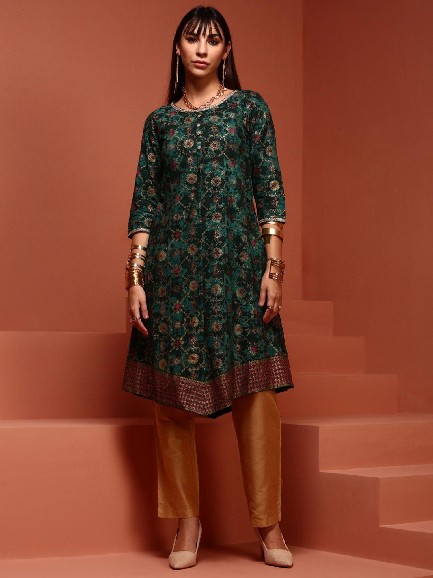 green printed asymmetric kurta