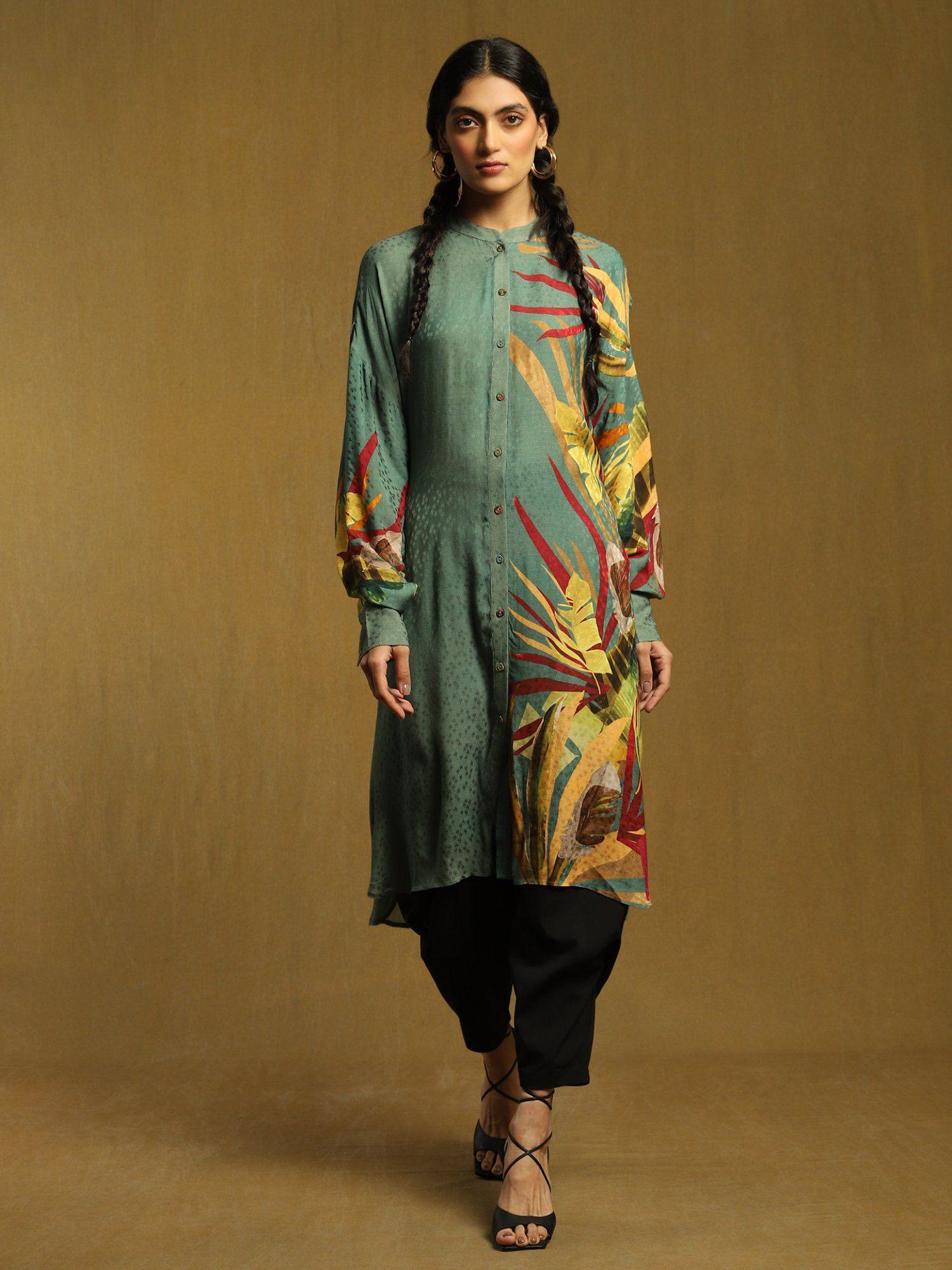 green printed button down kurta