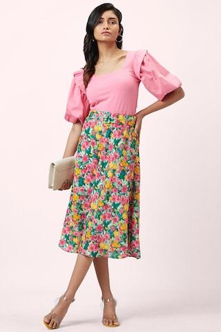 green printed calf-length casual women comfort fit skirt