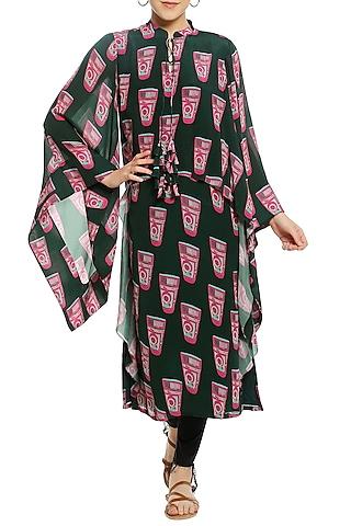 green printed cape sleeves tunic
