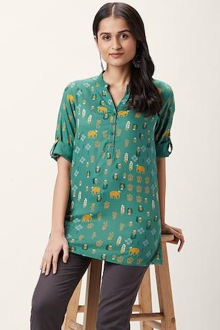 green printed casual 3/4th sleeves mandarin women regular fit tunic