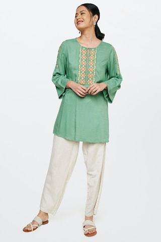 green printed casual full sleeves round neck women flared fit tunic