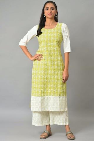 green printed casual round neck 3/4th sleeves ankle-length women regular fit kurta palazzo set