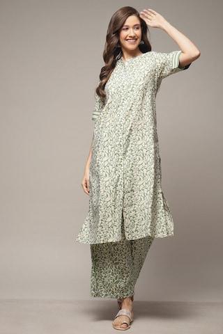 green printed casual round neck elbow sleeves ankle-length women straight fit kurta palazzo set