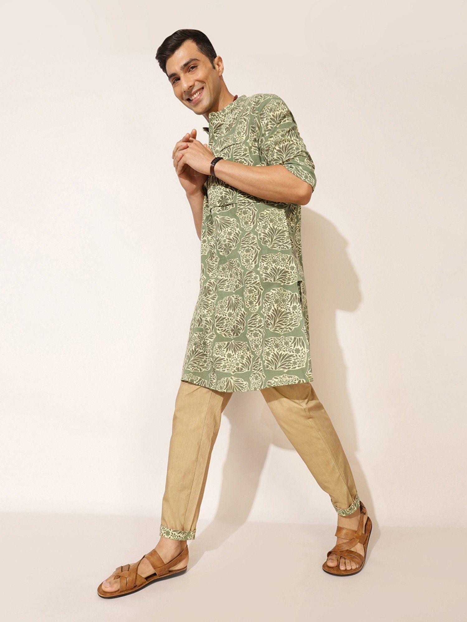 green printed chinese collar slim fit long kurta