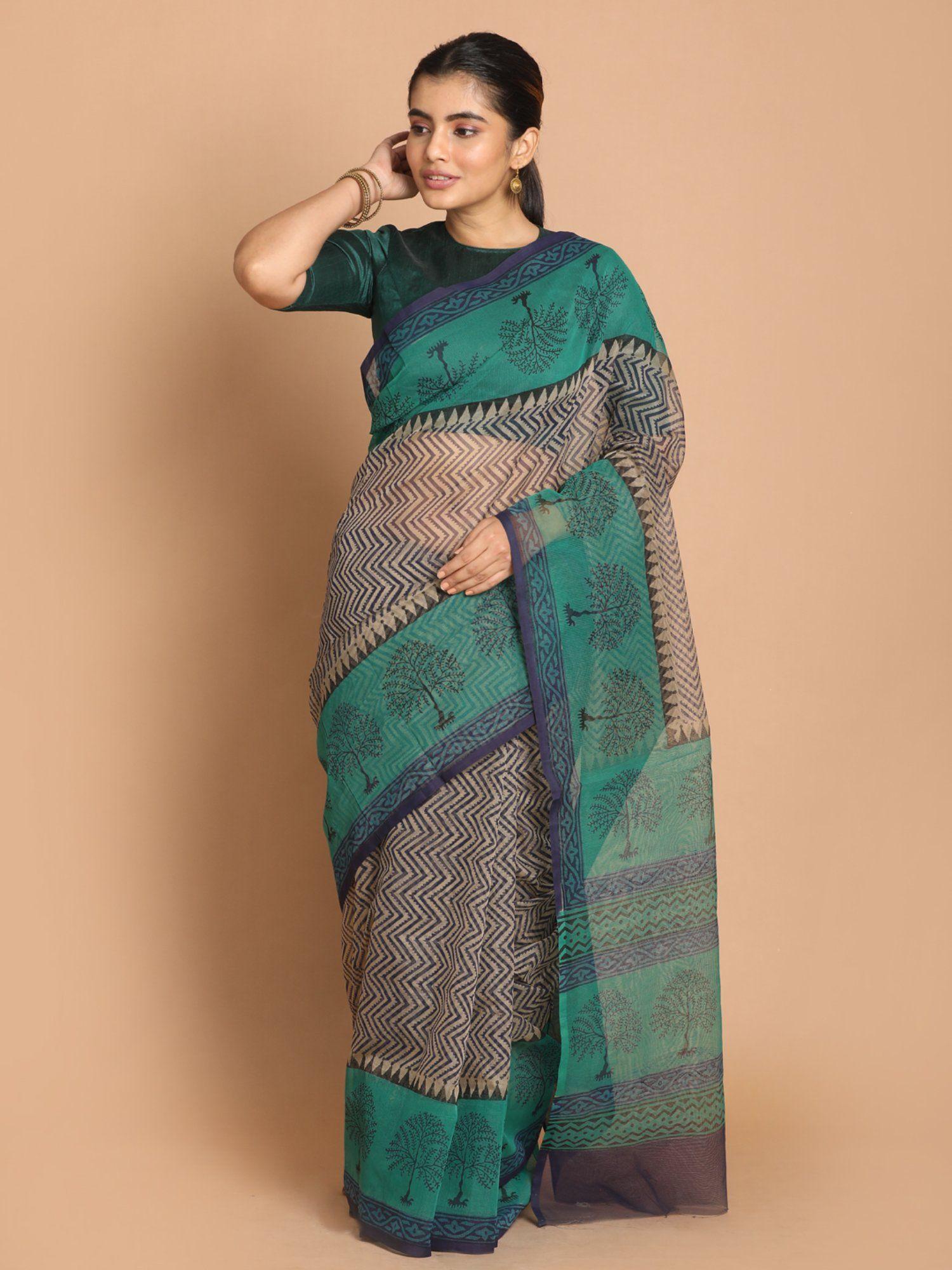 green printed cotton blend saree with unstitched blouse